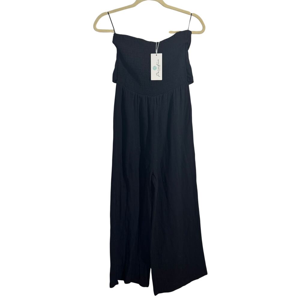 Paradise Jumpsuit Women M Black Strapless Smocked‎ Travel Minimal Lagenlook Gauz